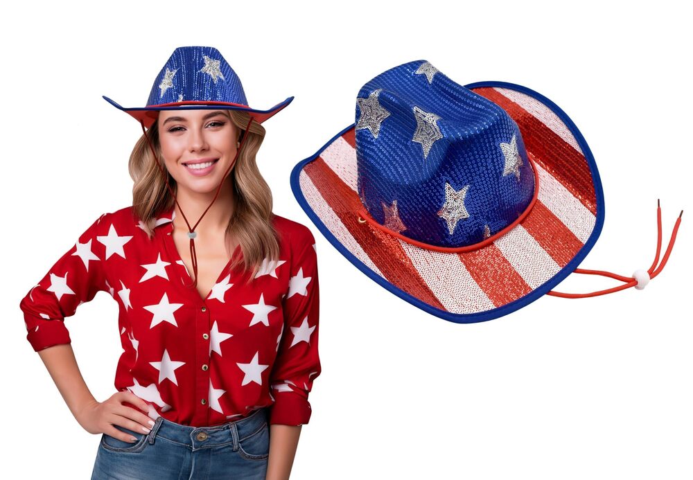1139 USA American Flag Sequin Cowboy Hat 4th of July Patriotic Red White